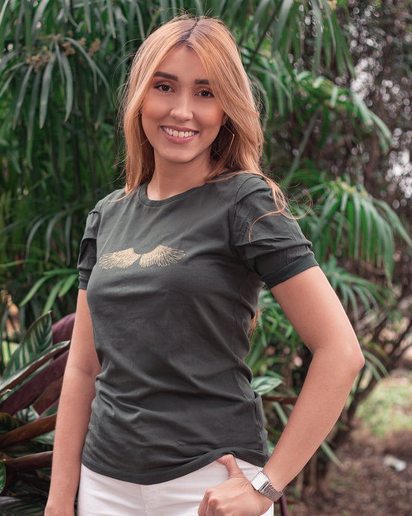 Camiseta verde manga bombacha estampada