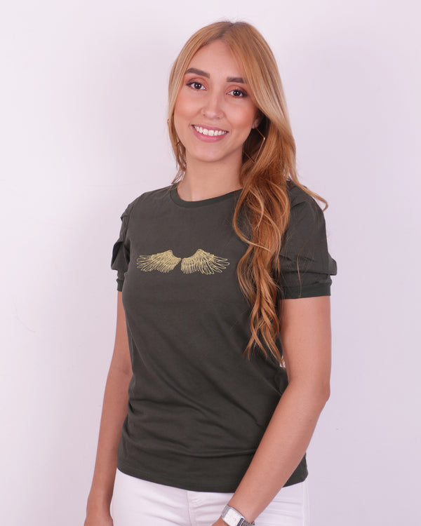Camiseta verde manga bombacha estampada